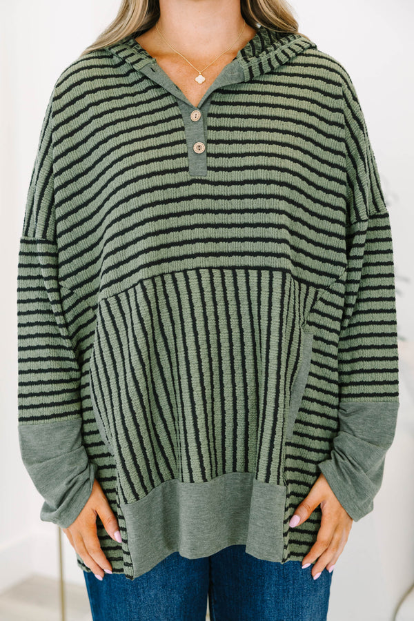 Chic Soul plus size clothing, green and black striped hoodie with a half-button placket and kangaroo pocket