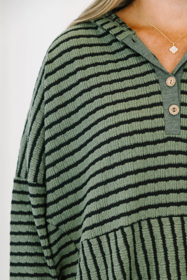 Chic Soul plus size clothing, green and black striped hoodie with a half-button placket and kangaroo pocket