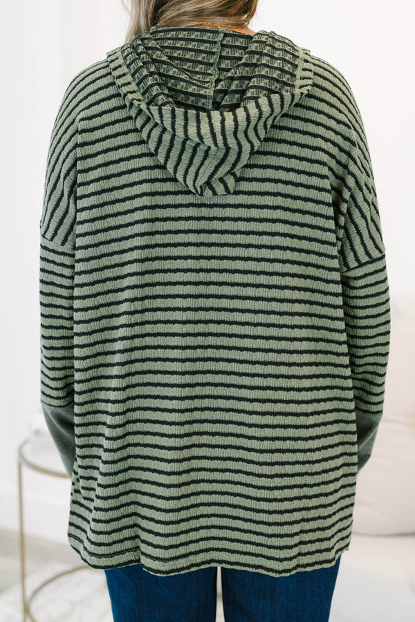 Chic Soul plus size clothing, green and black striped hoodie with a half-button placket and kangaroo pocket