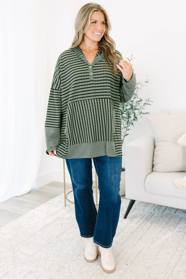 Chic Soul plus size clothing, green and black striped hoodie with a half-button placket and kangaroo pocket
