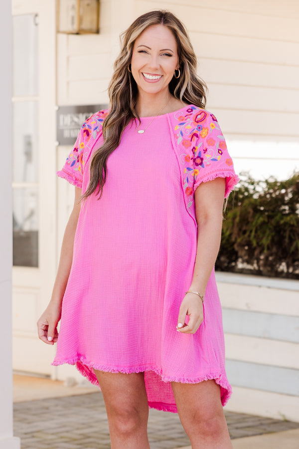 Chic Soul plus size clothing, bubblegum short dress with raw hem edges and embroidery on the short sleeves