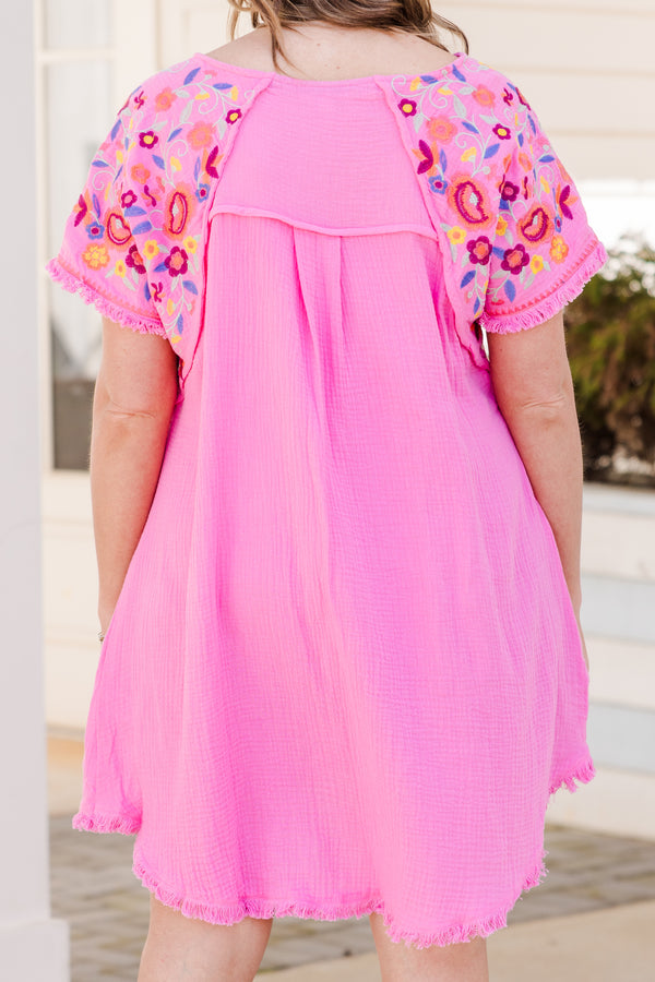 Chic Soul plus size clothing, bubblegum short dress with raw hem edges and embroidery on the short sleeves