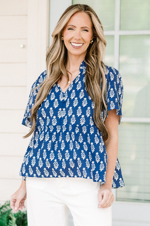Chic soul plus size clothing, Blue and white short sleeve blouse with a white floral pattern 