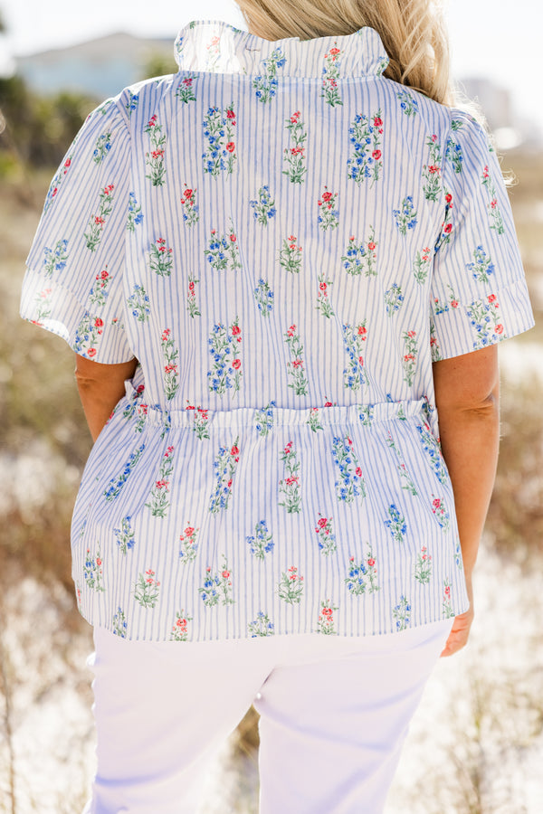Chic Soul plus size clothing, blue and white stripe babydoll top with blue and red floral pattern, collar, and flutter sleeves