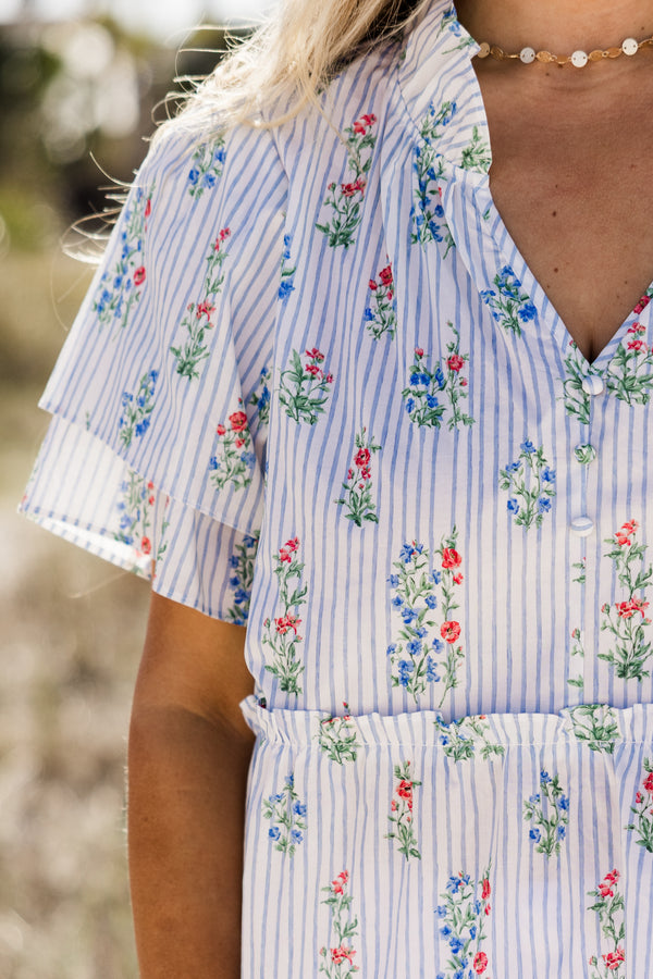 Chic Soul plus size clothing, blue and white stripe babydoll top with blue and red floral pattern, collar, and flutter sleeves