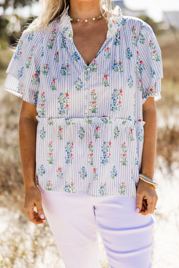 Chic Soul plus size clothing, blue and white stripe babydoll top with blue and red floral pattern, collar, and flutter sleeves
