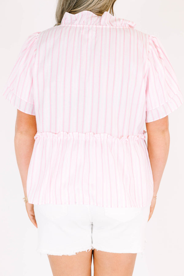 Chic Soul plus size clothing, pink stripe pattern short sleeve top with v neckline with button detailing with ruffle tiered sleeves with ruffle along center 