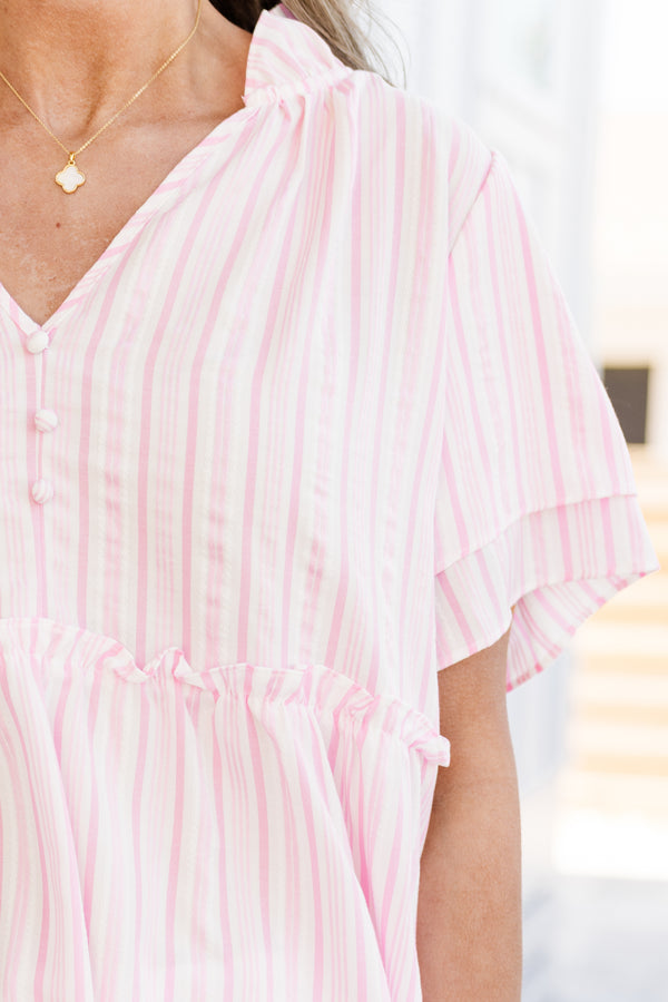 Chic Soul plus size clothing, pink stripe pattern short sleeve top with v neckline with button detailing with ruffle tiered sleeves with ruffle along center 