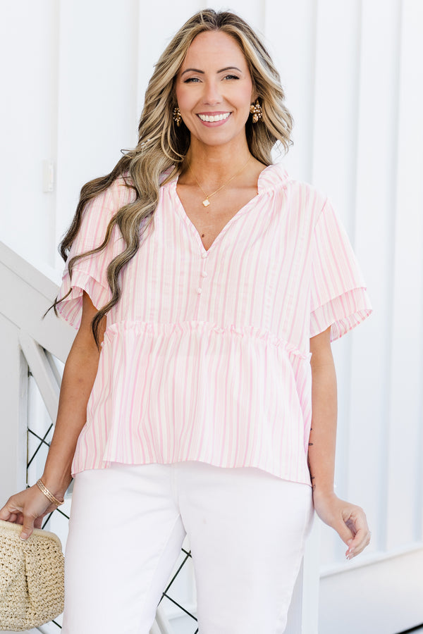 Chic Soul plus size clothing, pink stripe pattern short sleeve top with v neckline with button detailing with ruffle tiered sleeves with ruffle along center 