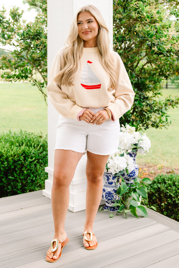 Chic Soul plus size clothing, ivory long sleeve sweater with a red and blue stitched sail boat on the center of the sweater 