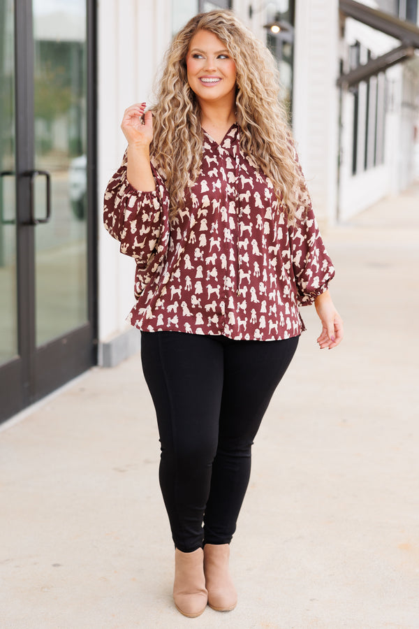 Chic Soul plus size clothing, brown top with white dog pattern, tie collar, and synched wrists