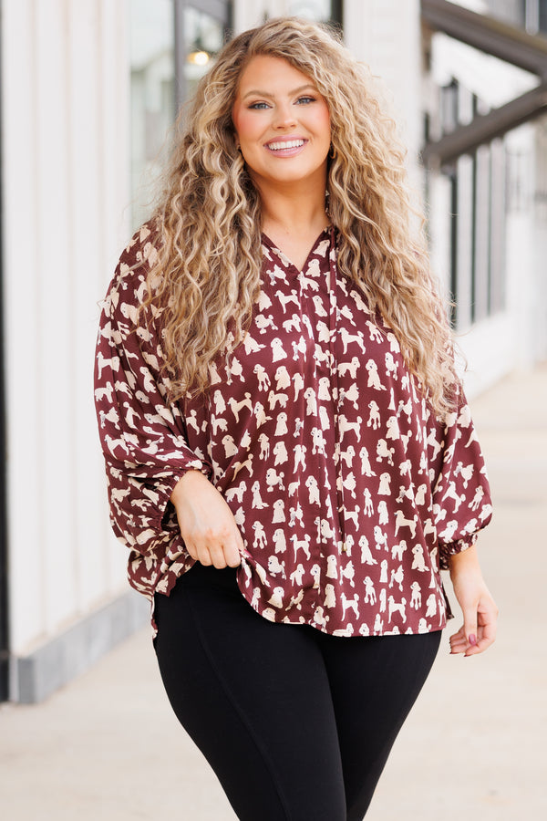 Chic Soul plus size clothing, brown top with white dog pattern, tie collar, and synched wrists