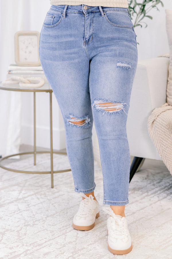 Chic Soul plus size clothing, high rise blue skinny jeans with distressing on the front