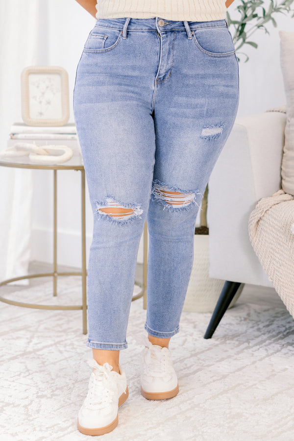 Chic Soul plus size clothing, high rise blue skinny jeans with distressing on the front