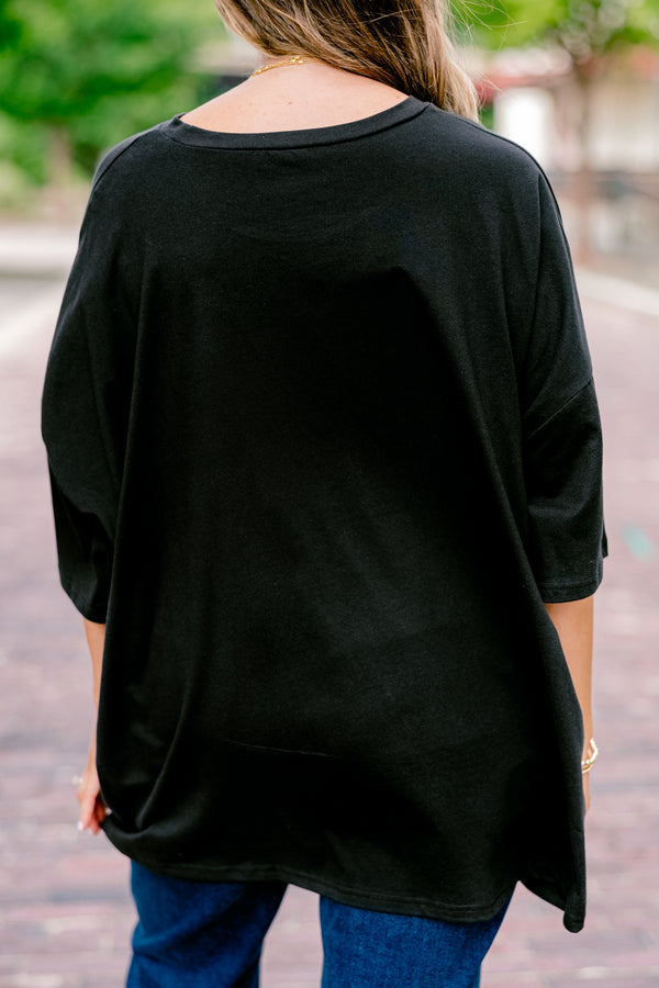 Chic Soul plus size clothing, black short sleeve graphic tee with the words 