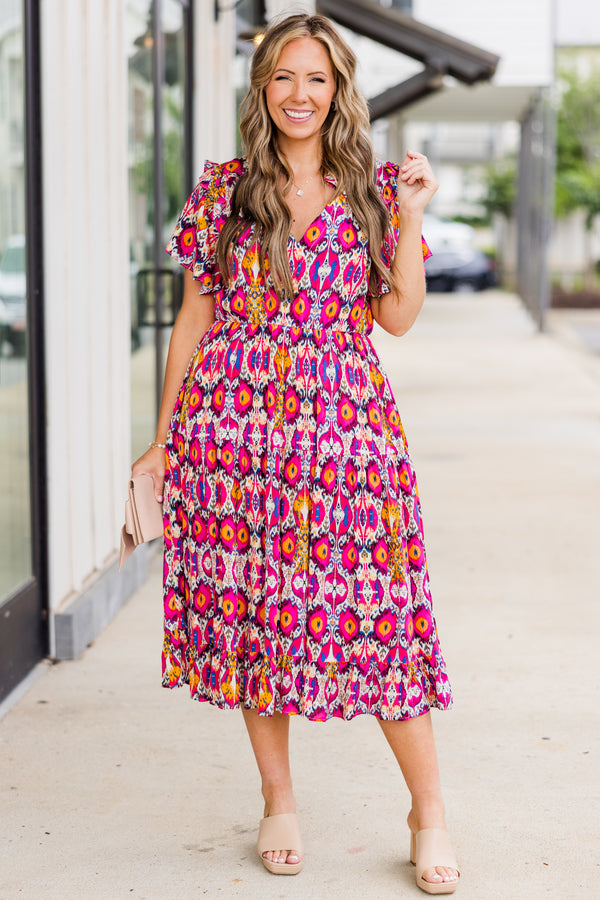 Chic Soul plus size clothing, short-sleeve pink midi dress with bright geometric floral pattern with v-neckline and collar