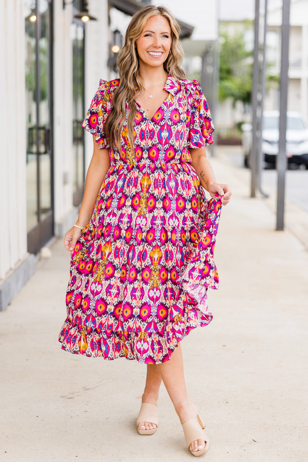 Chic Soul plus size clothing, short-sleeve pink midi dress with bright geometric floral pattern with v-neckline and collar