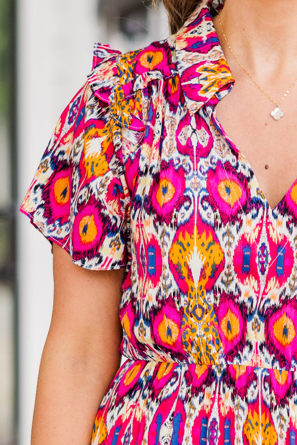 Chic Soul plus size clothing, short-sleeve pink midi dress with bright geometric floral pattern with v-neckline and collar
