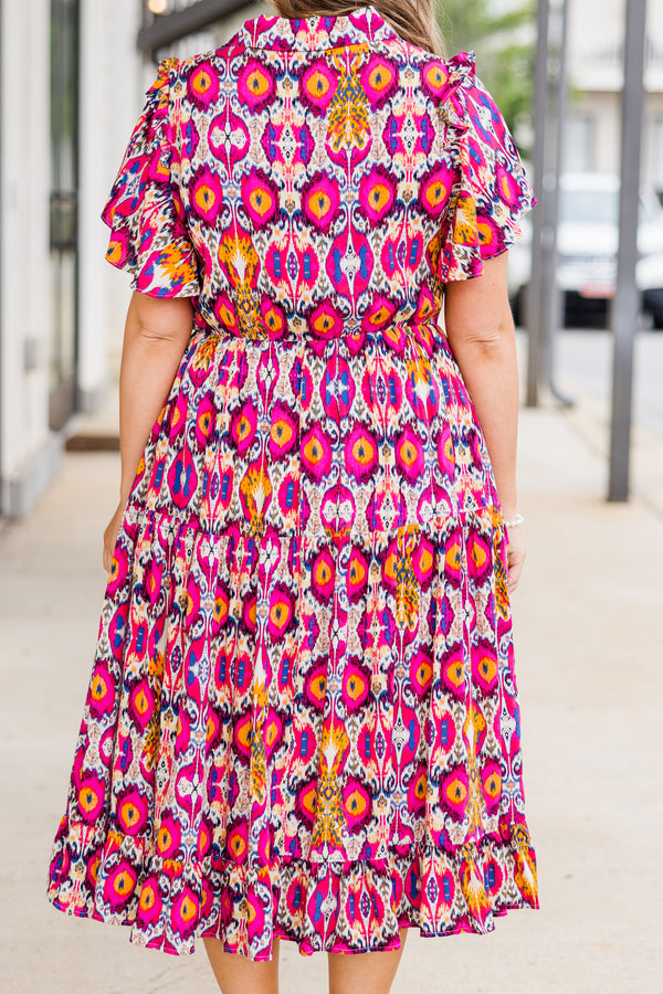 Chic Soul plus size clothing, short-sleeve pink midi dress with bright geometric floral pattern with v-neckline and collar