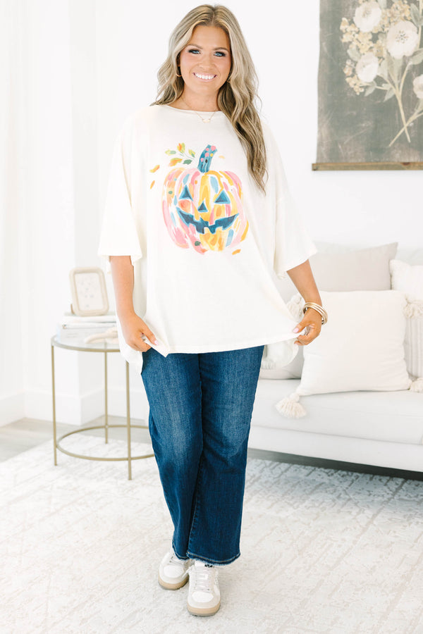 Plus size ivory boyfriend tee with a colorful watercolor jack-o'-lantern graphic.