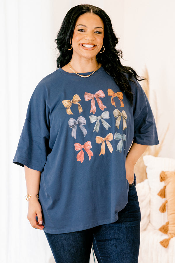 Chic Soul plus size clothing, navy blue half sleeve crewneck t-shirt with autumn colored bows graphic