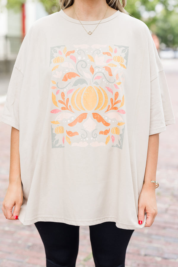 Chic Soul plus size clothing, light mocha short sleeve boyfriend tee with pastel multicolored pumpkin graphic