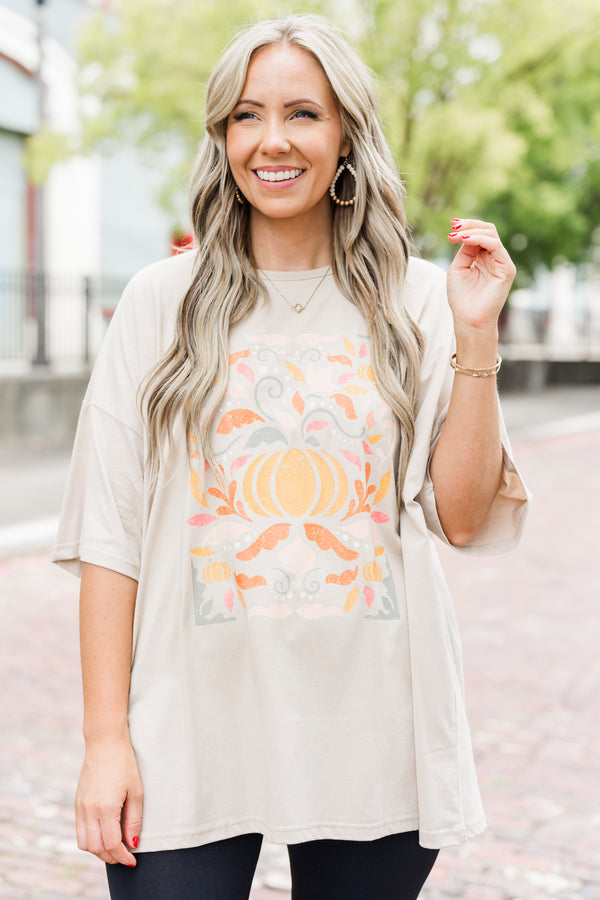 Chic Soul plus size clothing, light mocha short sleeve boyfriend tee with pastel multicolored pumpkin graphic
