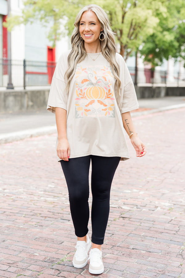 Chic Soul plus size clothing, light mocha short sleeve boyfriend tee with pastel multicolored pumpkin graphic
