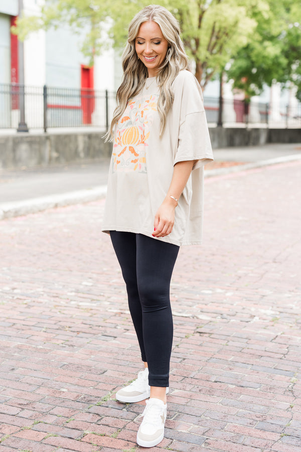 Chic Soul plus size clothing, light mocha short sleeve boyfriend tee with pastel multicolored pumpkin graphic