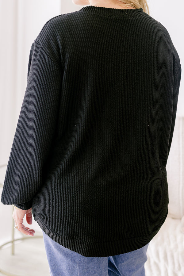 Chic Soul plus size clothing, black ribbed long sleeve casual top