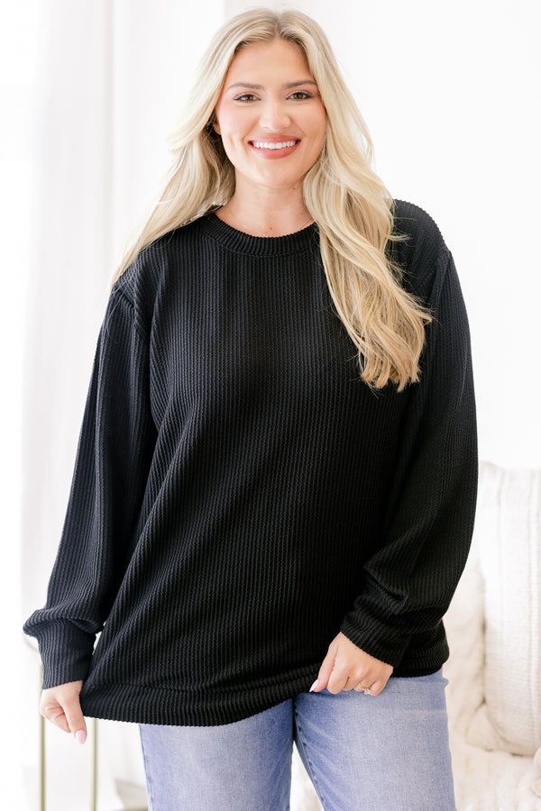 Chic Soul plus size clothing, black ribbed long sleeve casual top
