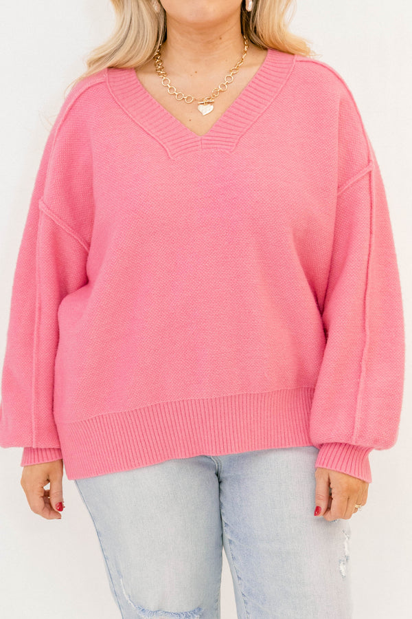 Chic Soul plus size clothing, pink sweater with long sleeves and ribbing details on the sleeves and v-neckline 