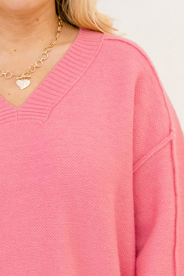 Chic Soul plus size clothing, pink sweater with long sleeves and ribbing details on the sleeves and v-neckline 