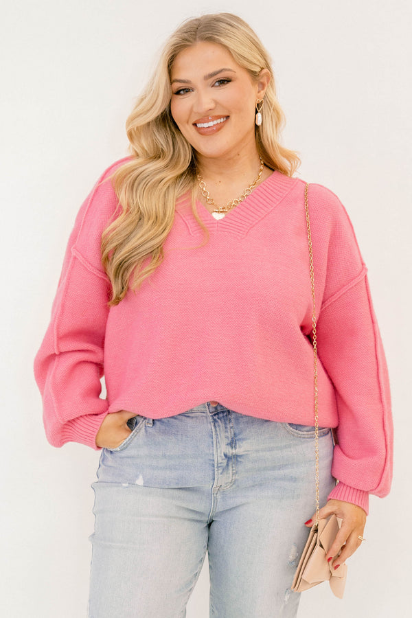 Chic Soul plus size clothing, pink sweater with long sleeves and ribbing details on the sleeves and v-neckline 