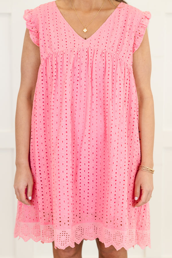 Chic Soul plus size clothing, pink dress with short flutter sleeves and eyelet design