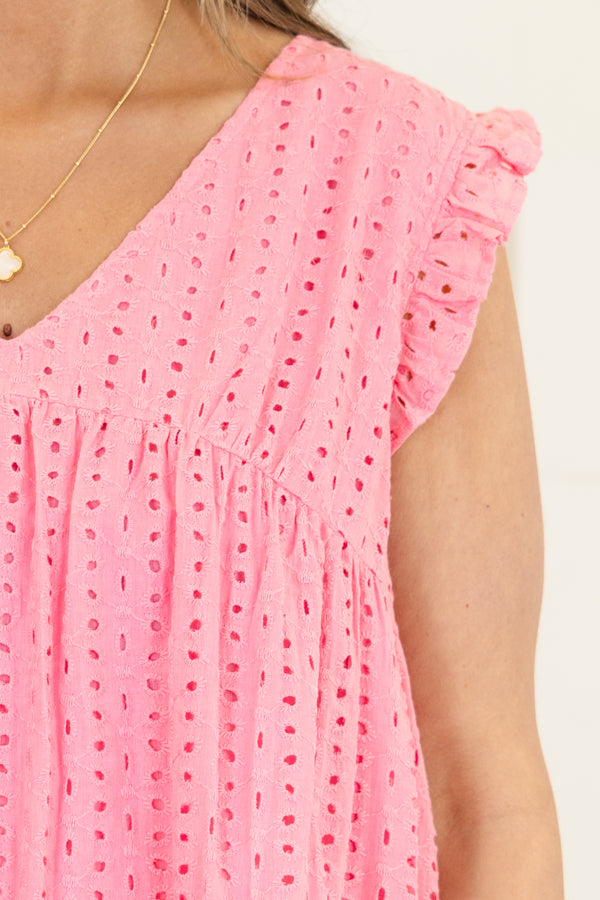 Chic Soul plus size clothing, pink dress with short flutter sleeves and eyelet design