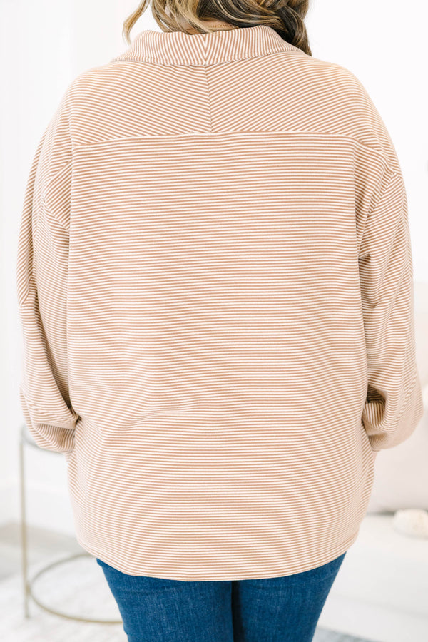 Plus size clothing, brown and white striped pullover with folder collar and snap button placket detail