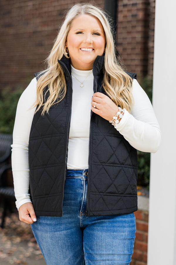 Chic Soul plus size clothing, black sleeveless quilted puffer vest with zipper detail and collar with side pockets