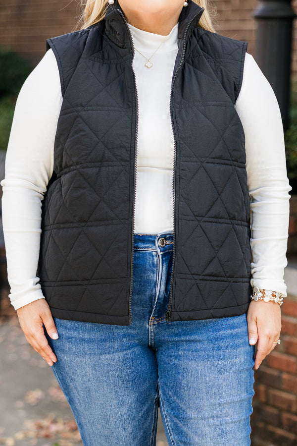 Chic Soul plus size clothing, black sleeveless quilted puffer vest with zipper detail and collar with side pockets