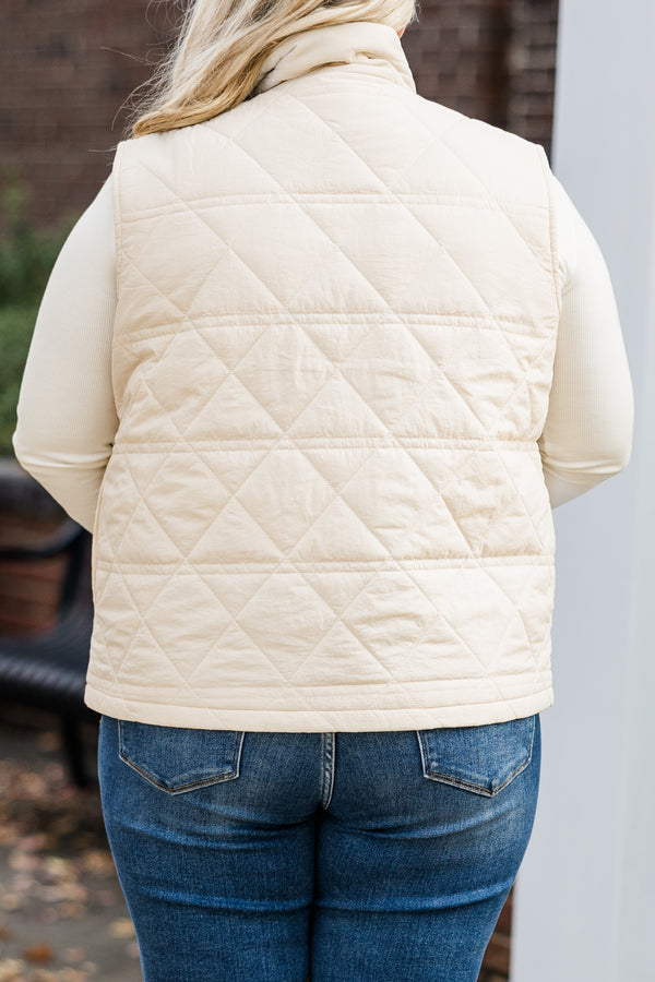 Chic Soul plus size clothing, cream sleeveless quilted zip up vest with side pockets