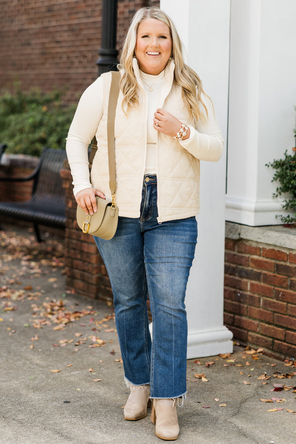 Chic Soul plus size clothing, cream sleeveless quilted zip up vest with side pockets