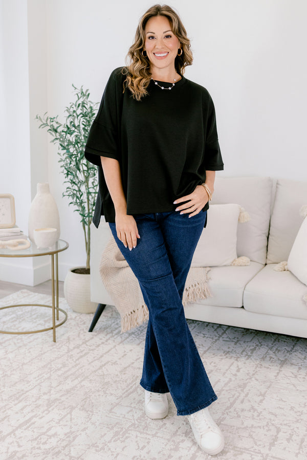 Chic Soul plus size clothing, black short sleeve flowy slightly cropped top