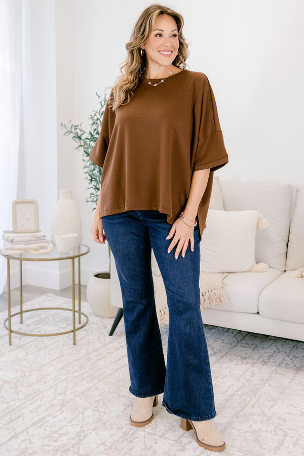 Chic Soul plus size clothing, brown short sleeve flowy slightly cropped top