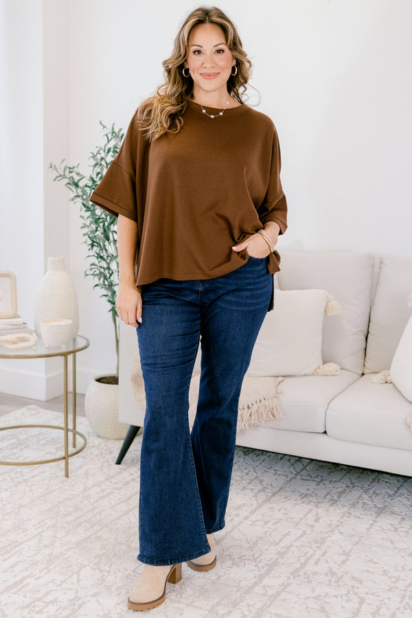 Chic Soul plus size clothing, brown short sleeve flowy slightly cropped top