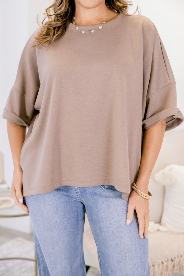Chic Soul plus size clothing, light tan short sleeve flowy crew neck tee 