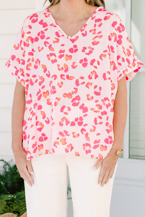 Chic Soul plus size clothing, short-sleeve pink leopard print top with a v-neckline