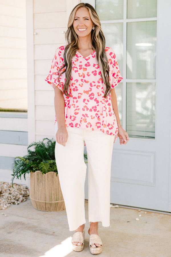 Chic Soul plus size clothing, short-sleeve pink leopard print top with a v-neckline