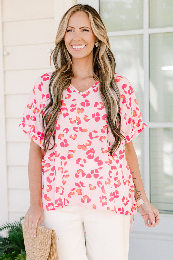 Chic Soul plus size clothing, short-sleeve pink leopard print top with a v-neckline