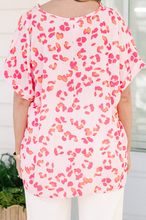 Chic Soul plus size clothing, short-sleeve pink leopard print top with a v-neckline