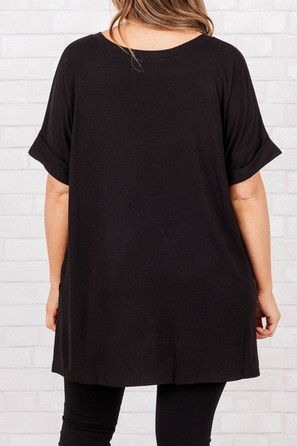 Chic Soul plus size clothing, black short sleeves top with pre cuffed sleeves and a v neck